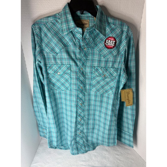 Wrangler Other - Wrangler Western Shirt Men's Small Teal Plaid Pearl Snap Long Sleeve NEW
